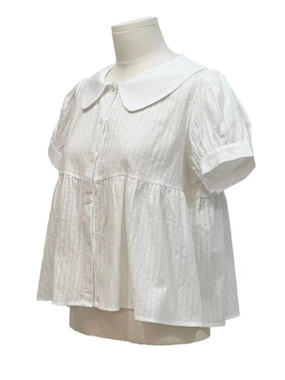 Furlin Check, Loose Fit, Round Collar Neck, Striped Embroidery, Puff Short Sleeve, Button Blouse,