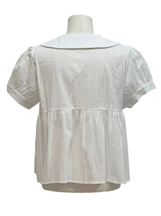 Furlin Check, Loose Fit, Round Collar Neck, Striped Embroidery, Puff Short Sleeve, Button Blouse,
