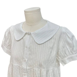 Furlin Check, Loose Fit, Round Collar Neck, Striped Embroidery, Puff Short Sleeve, Button Blouse,