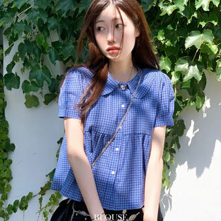Furlin Check, Loose Fit, Round Collar Neck, Striped Embroidery, Puff Short Sleeve, Button Blouse,
