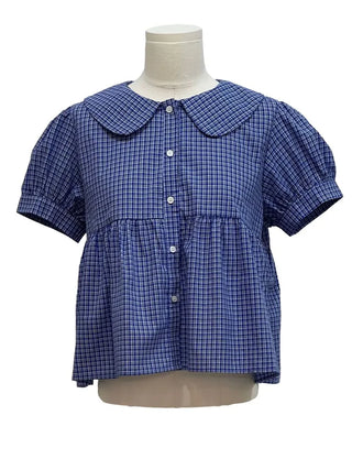Furlin Check, Loose Fit, Round Collar Neck, Striped Embroidery, Puff Short Sleeve, Button Blouse,
