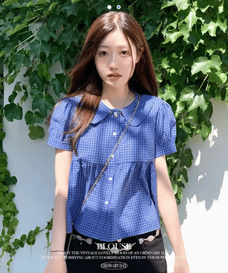 Furlin Check, Loose Fit, Round Collar Neck, Striped Embroidery, Puff Short Sleeve, Button Blouse,