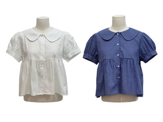 Furlin Check, Loose Fit, Round Collar Neck, Striped Embroidery, Puff Short Sleeve, Button Blouse,