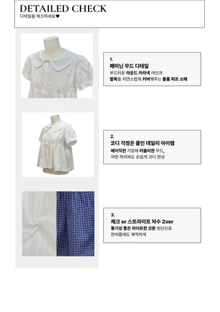 Furlin Check, Loose Fit, Round Collar Neck, Striped Embroidery, Puff Short Sleeve, Button Blouse,