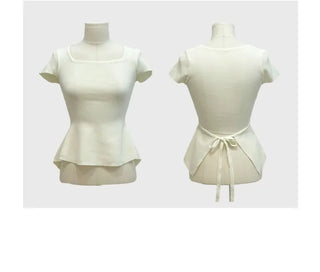 Release back team ribbon strap slim fit short sleeve square neck short sleeve knit
