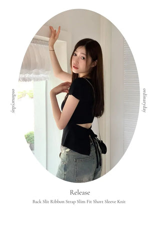 Release back team ribbon strap slim fit short sleeve square neck short sleeve knit