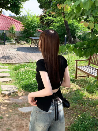 Release back team ribbon strap slim fit short sleeve square neck short sleeve knit