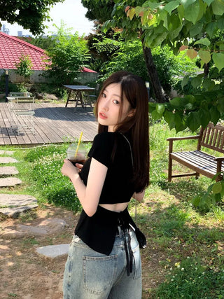Release back team ribbon strap slim fit short sleeve square neck short sleeve knit