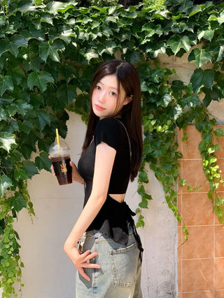 Release back team ribbon strap slim fit short sleeve square neck short sleeve knit
