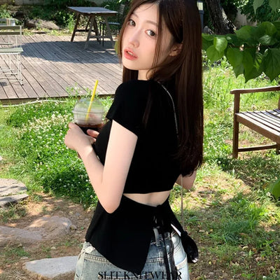 Release back team ribbon strap slim fit short sleeve square neck short sleeve knit