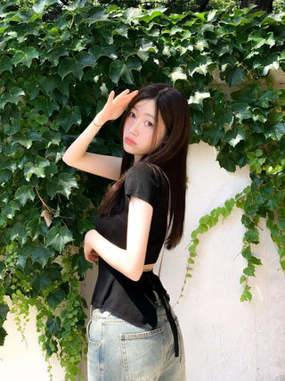 Release back team ribbon strap slim fit short sleeve square neck short sleeve knit