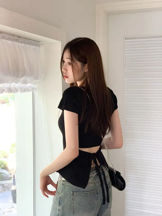 Release back team ribbon strap slim fit short sleeve square neck short sleeve knit