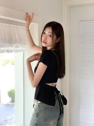 Release back team ribbon strap slim fit short sleeve square neck short sleeve knit