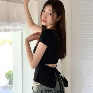 Release back team ribbon strap slim fit short sleeve square neck short sleeve knit
