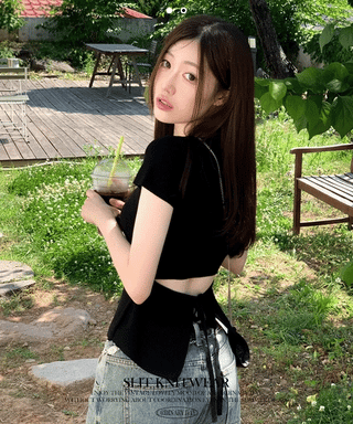 Release back team ribbon strap slim fit short sleeve square neck short sleeve knit