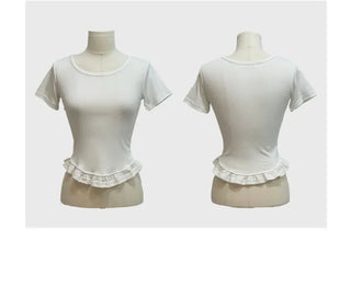 Climmy Frill Deep Round Inner Short Sleeve Basic Crop T-Shirt