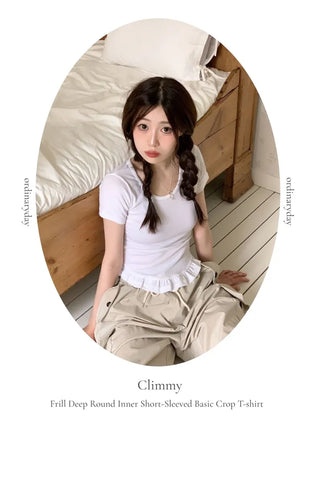 Climmy Frill Deep Round Inner Short Sleeve Basic Crop T-Shirt