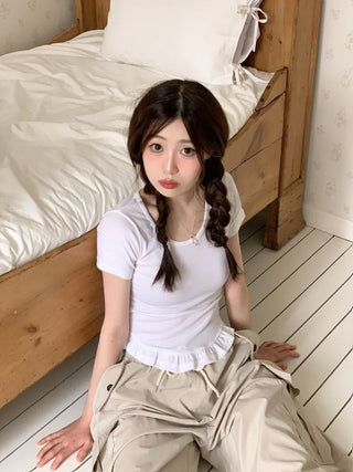 Climmy Frill Deep Round Inner Short Sleeve Basic Crop T-Shirt