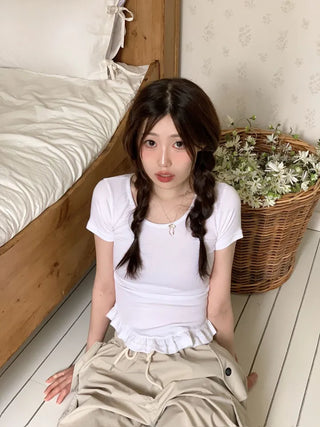 Climmy Frill Deep Round Inner Short Sleeve Basic Crop T-Shirt