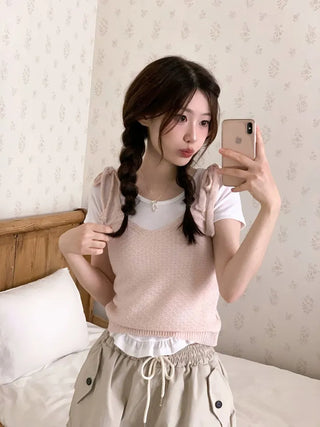 Climmy Frill Deep Round Inner Short Sleeve Basic Crop T-Shirt