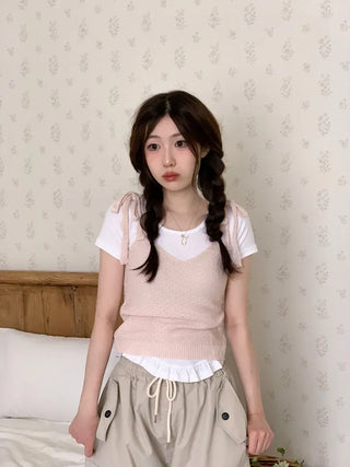 Climmy Frill Deep Round Inner Short Sleeve Basic Crop T-Shirt