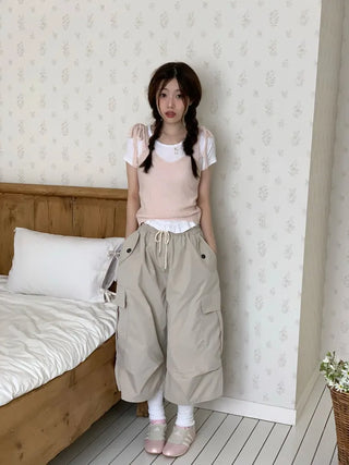 Climmy Frill Deep Round Inner Short Sleeve Basic Crop T-Shirt