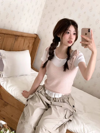 Climmy Frill Deep Round Inner Short Sleeve Basic Crop T-Shirt