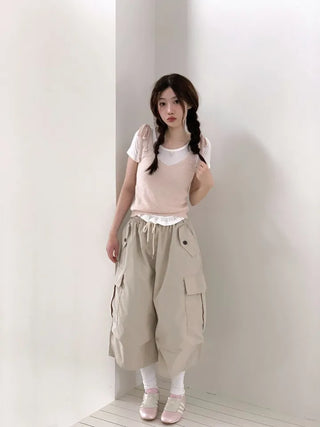 Climmy Frill Deep Round Inner Short Sleeve Basic Crop T-Shirt
