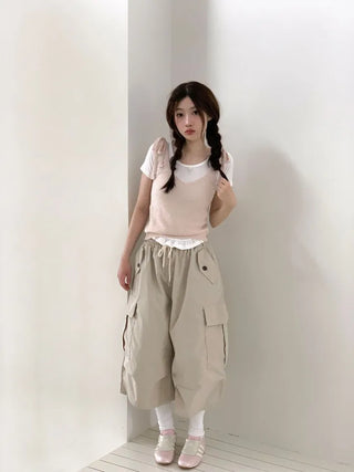 Climmy Frill Deep Round Inner Short Sleeve Basic Crop T-Shirt
