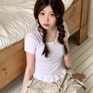 Climmy Frill Deep Round Inner Short Sleeve Basic Crop T-Shirt