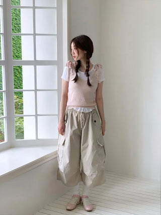 Climmy Frill Deep Round Inner Short Sleeve Basic Crop T-Shirt