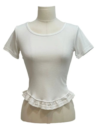Climmy Frill Deep Round Inner Short Sleeve Basic Crop T-Shirt