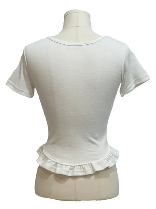 Climmy Frill Deep Round Inner Short Sleeve Basic Crop T-Shirt