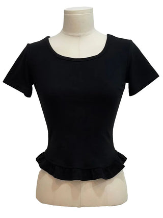 Climmy Frill Deep Round Inner Short Sleeve Basic Crop T-Shirt
