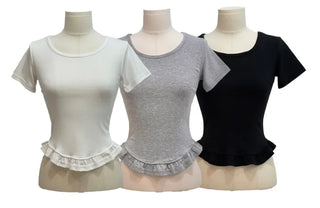 Climmy Frill Deep Round Inner Short Sleeve Basic Crop T-Shirt