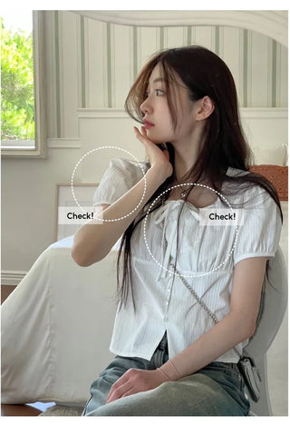 Kiko Ribbon Stripe Square Neck Puff Button Blouse