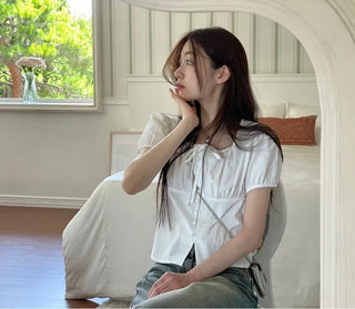 Kiko Ribbon Stripe Square Neck Puff Button Blouse