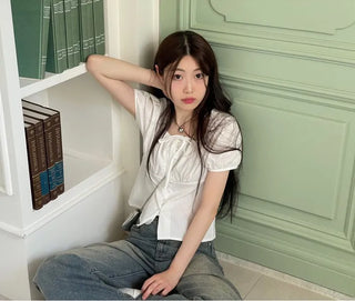 Kiko Ribbon Stripe Square Neck Puff Button Blouse