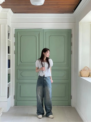 Kiko Ribbon Stripe Square Neck Puff Button Blouse
