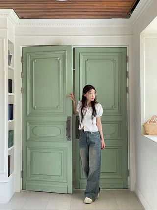 Kiko Ribbon Stripe Square Neck Puff Button Blouse