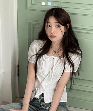 Kiko Ribbon Stripe Square Neck Puff Button Blouse