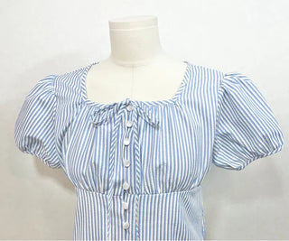 Kiko Ribbon Stripe Square Neck Puff Button Blouse