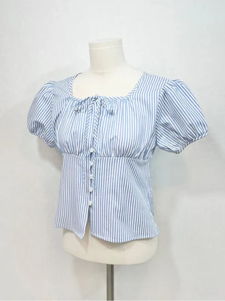 Kiko Ribbon Stripe Square Neck Puff Button Blouse