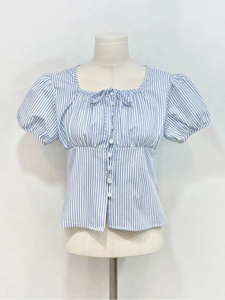 Kiko Ribbon Stripe Square Neck Puff Button Blouse