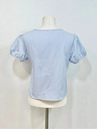 Kiko Ribbon Stripe Square Neck Puff Button Blouse