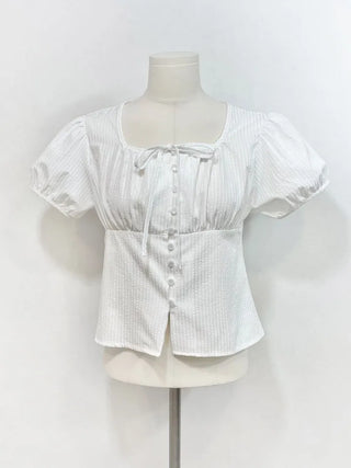 Kiko Ribbon Stripe Square Neck Puff Button Blouse