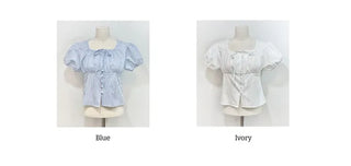 Kiko Ribbon Stripe Square Neck Puff Button Blouse