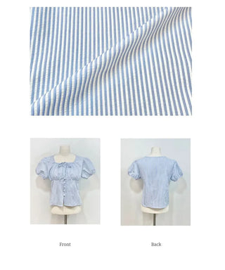 Kiko Ribbon Stripe Square Neck Puff Button Blouse