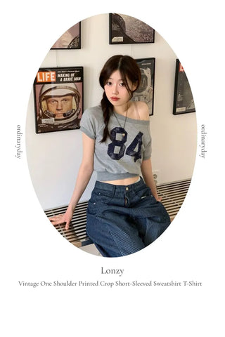 Longi one-shoulder cropped printed shibori short sleeve man-to-man t-shirt