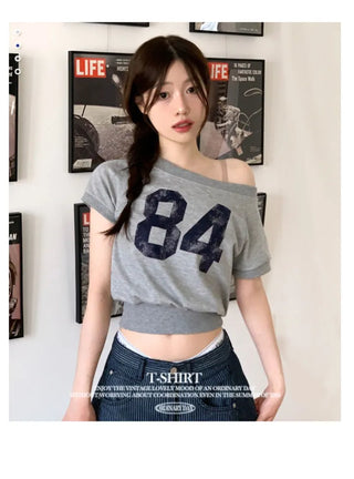 Longi one-shoulder cropped printed shibori short sleeve man-to-man t-shirt